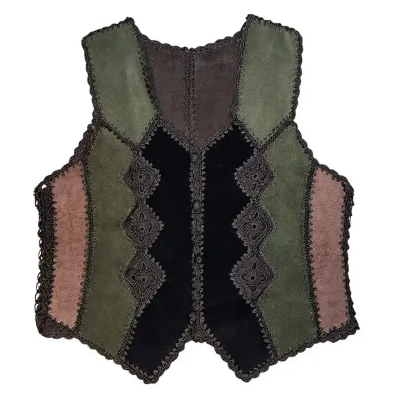 Vintage Patchwork Suede Leather Look Vest Crochet Trim Boho Western Medium